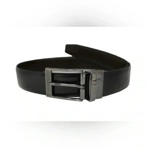 Perry Ellis Men’s Black Brown Reversible Leather Belt Gun Metal Square Buckle